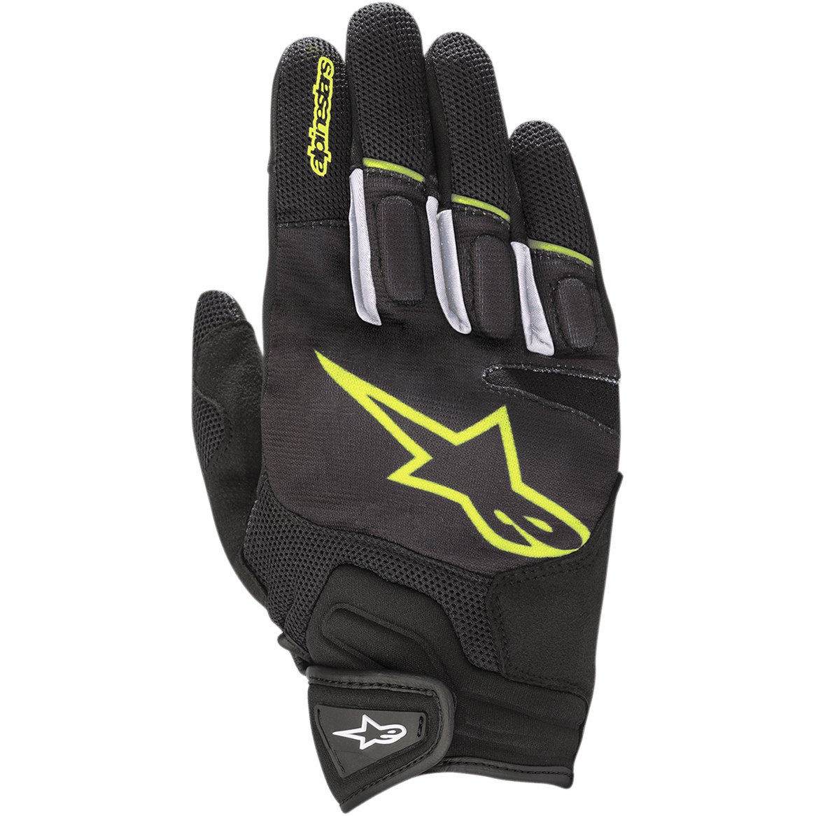 Alpinestars Atom handschoenen, lichtgewicht motorhandschoenen voor de weg, zwart en neongeel, mesh-buitenkant voor luchtstroom, groot neongeel logo op de rug van de hand, witte vingeraccenten en klittenband polsband voor stadsgebruik