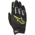 Gants Alpinestars Atom, gants de moto de route légers, noir et jaune fluorescent, coque en mesh pour la circulation de l'air, grand logo jaune fluorescent sur le dos de la main, accents blancs sur les doigts et sangle de poignet à fermeture auto-agrippante pour un usage urbain.