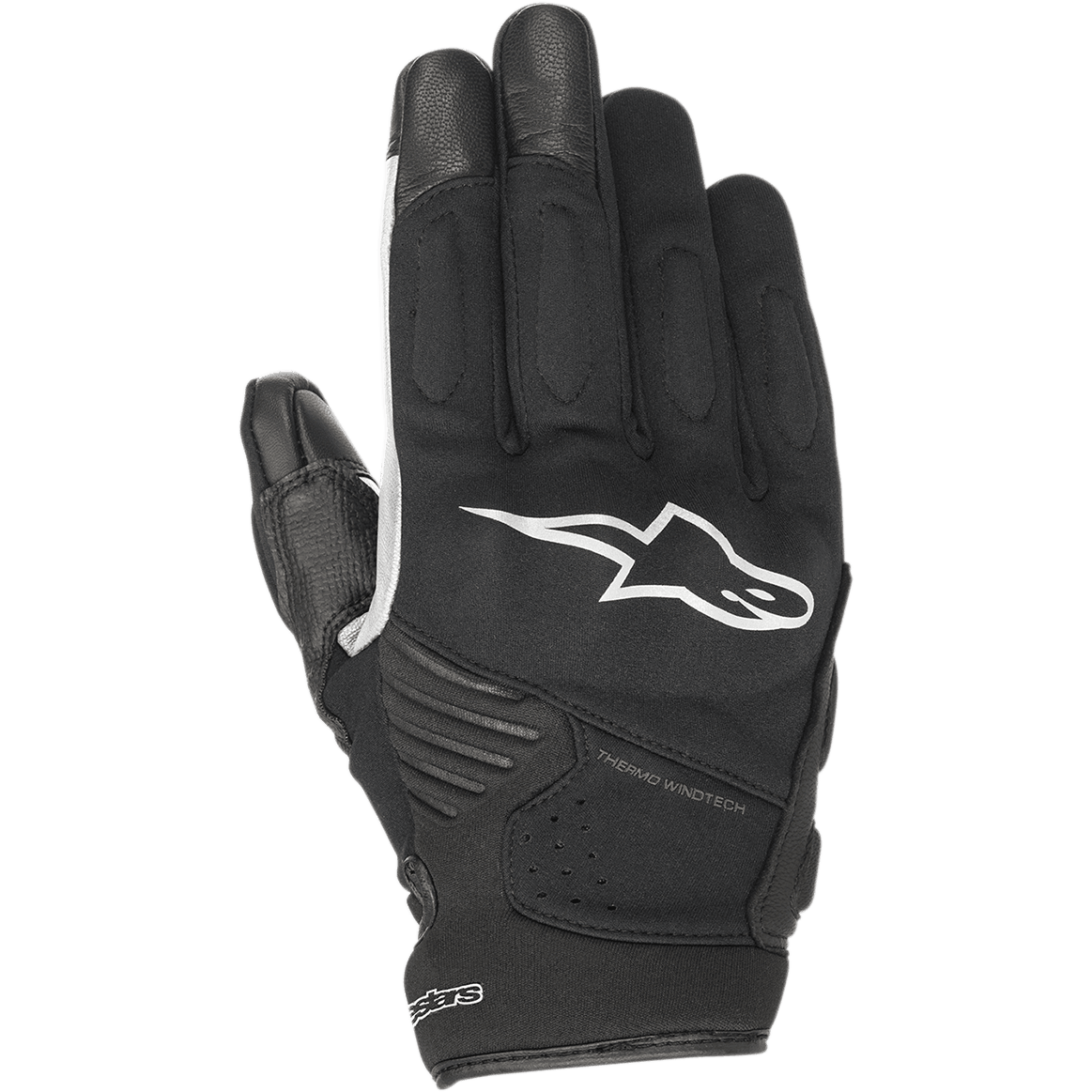 Alpinestars Faster Handschuhe, Schwarze Motorradhandschuhe mit weißem Logo, Thermo Windtech-Technologie, Gepolsterte Knöchel, Multi-Material-Softshell-Konstruktion, Urbanes Design mit kurzem Bündchen