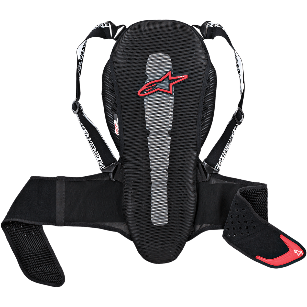 Alpinestars Nucleon Kr-2 rugbeschermer, motorfiets rugprotectie, zwart met rood sterlogo, mesh-constructie met grijs centraal paneel, verstelbare schouderbanden en tailleband, ergonomisch ontwerp met geperforeerde zijpads
