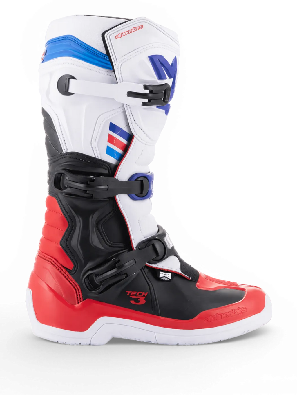 Alpinestars Tech 3, bottes de motocross blanches et rouge vif avec accents bleu foncé, protections en TPU noir et fermeture à trois boucles, vue de profil