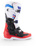 Alpinestars Tech 3, bottes de motocross blanches et rouge vif avec accents bleu foncé, protections en TPU noir et fermeture à trois boucles, vue de profil