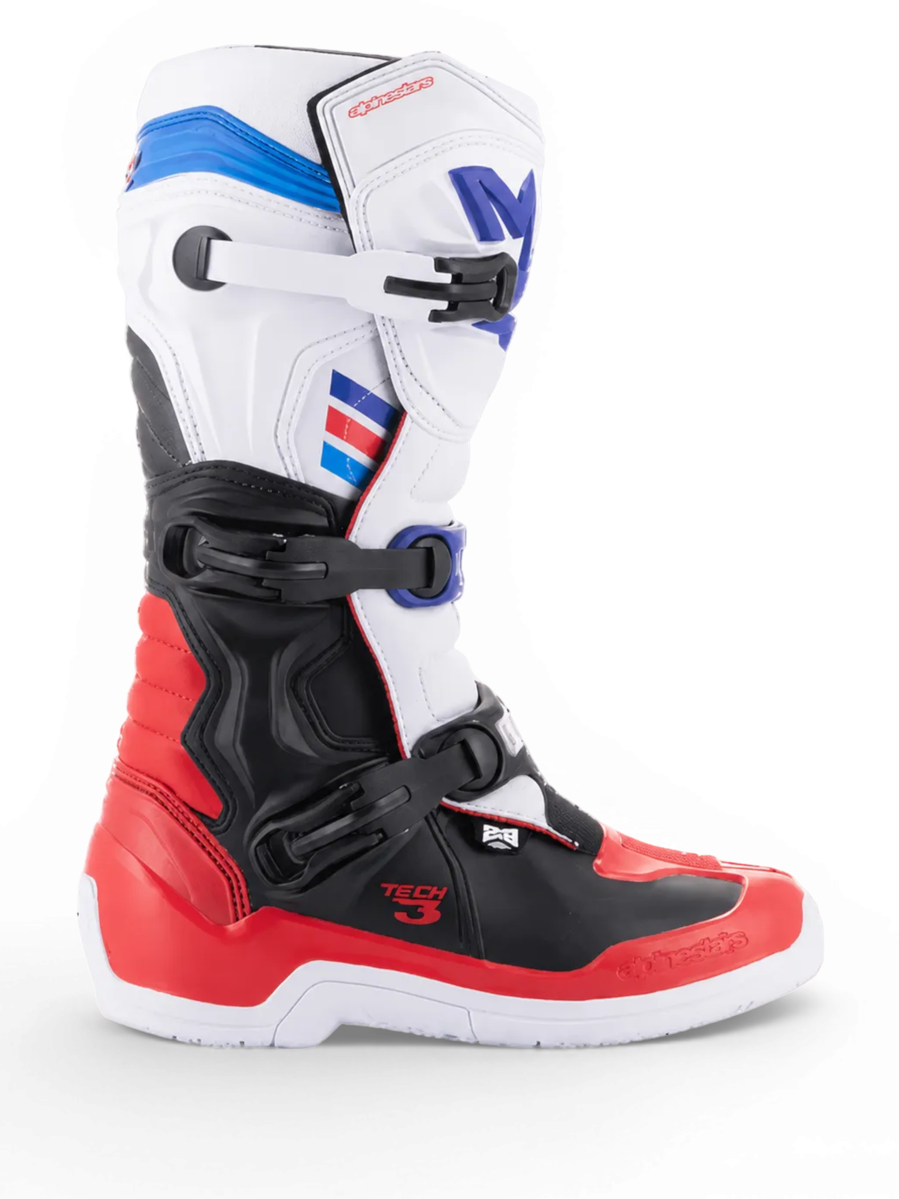 Alpinestars Tech 3 motocross boots, white and bright red with dark blue accents, black TPU protection and three-buckle closure, side view
