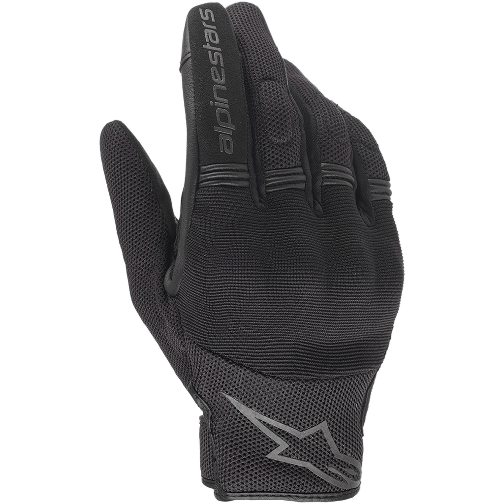 Gants pour femme Alpinestars Stella Copper, gants de moto noirs, vue du dos de la main montrant la construction en mesh et textile, panneaux accordéon sur les doigts, lettrage Alpinestars sur l'index et logo étoile au poignet, design urbain léger
