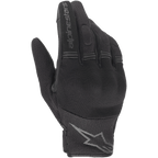 Gants pour femme Alpinestars Stella Copper, gants de moto noirs, vue du dos de la main montrant la construction en mesh et textile, panneaux accordéon sur les doigts, lettrage Alpinestars sur l'index et logo étoile au poignet, design urbain léger