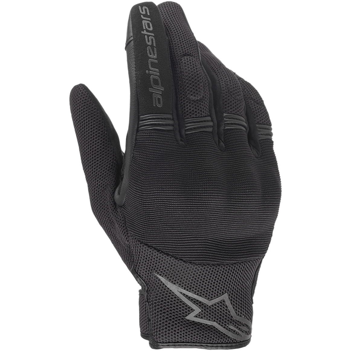Gants pour femme Alpinestars Stella Copper, gants de moto noirs, vue du dos de la main montrant la construction en mesh et textile, panneaux accordéon sur les doigts, lettrage Alpinestars sur l'index et logo étoile au poignet, design urbain léger