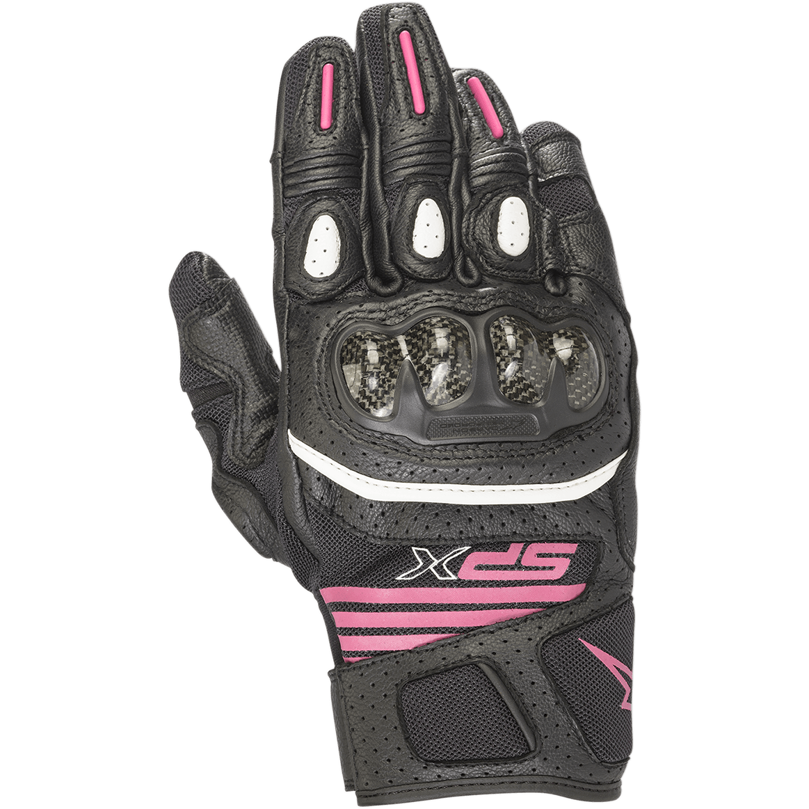 Alpinestars Gants femme SPX Air Carbon V2, gants de moto à manchette courte, noir et fuchsia, protection des articulations en fibre de carbone, construction en cuir perforé et mesh, liseré blanc et logo fuchsia au poignet