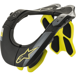 Alpinestars BNS Tech 2, protection cervicale de moto, noir et jaune fluorescent, cadre ergonomique en polymère de carbone avec intérieur rembourré, détails du logo étoile, protection pour motocross et tout-terrain