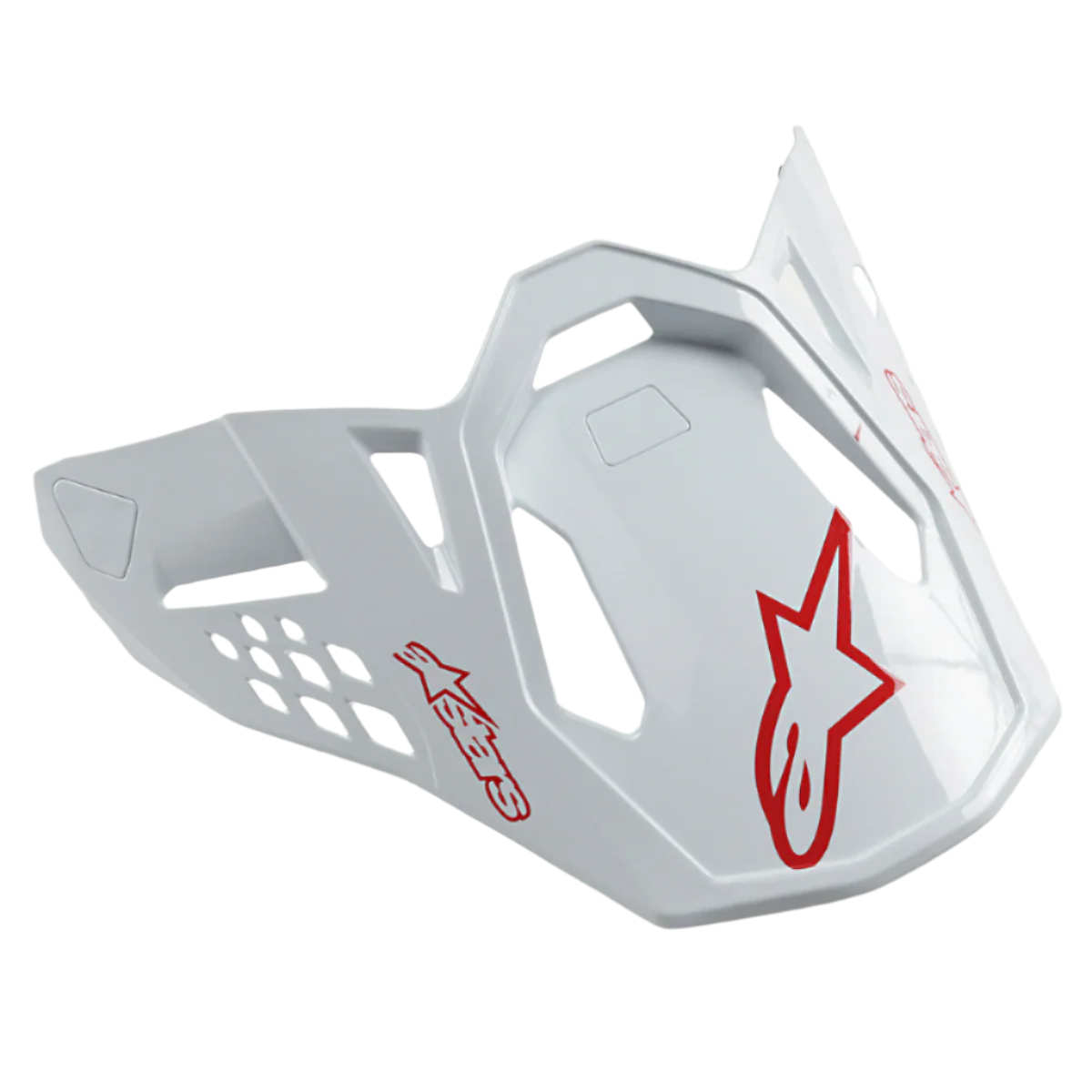 Alpinestars Supertech M10 Dyno helmvizier, glanzend wit en rood, met rode sterlogo's en aerodynamisch ontwerp met uitsnijdingen, vervangende klep voor motorcross- en off-roadhelmen