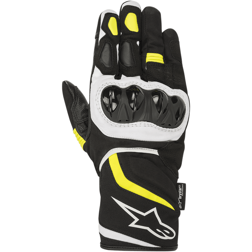 Gants Alpinestars T-SP W Drystar®, gants de moto sport, noirs avec accents jaune fluo et blancs, protection rigide aux articulations, manchette mi-longue avec logo blanc, construction en textile imperméable et softshell