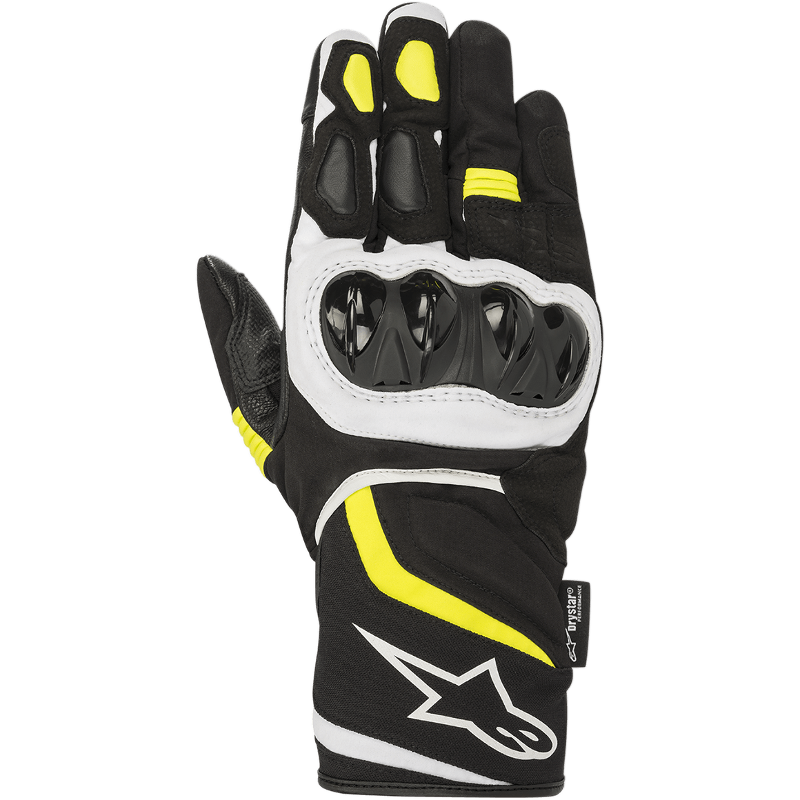 Alpinestars T-SP W Drystar® handschoenen, sportieve motorhandschoenen, zwart met geel fluo en witte accenten, harde knokkelbeschermer, middelhoge manchet met wit logo, waterdichte textiel- en softshell-constructie
