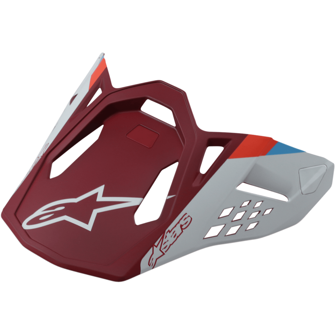 Alpinestars S-M8 Helmet Visor Contact, motorhelmvizier, mat rood en lichtgrijs, voorzien van wit ster-logo, aerodynamisch ontwerp met geometrische uitsneden, rode en blauwe streepaccenten