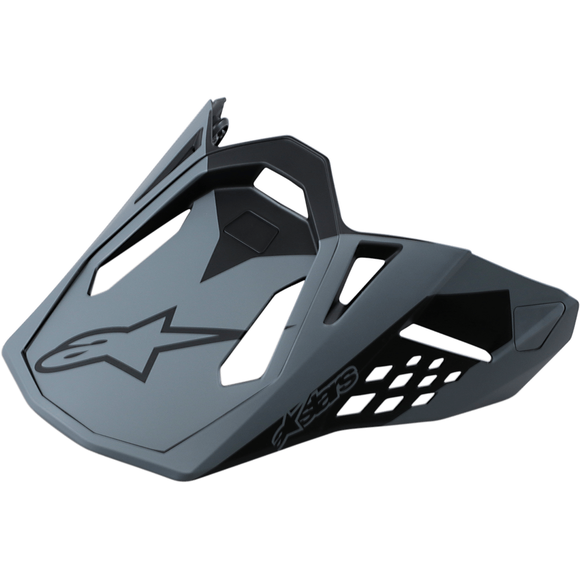 Alpinestars Supertech M10 Meta helmvizier, vervangende klep voor motorcrosshelmen, mat zwart en grijs, zwart Astar-logo en geometrische ventilatieopeningen, aerodynamisch ontwerp voor off-road racing