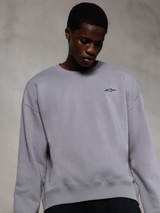 Alpinestars Essentials Ageless Crew, sweat-shirt à col rond premium argenté, avec un petit logo Alpinestars noir sur la poitrine, porté par un mannequin, style streetwear décontracté avec une texture polaire douce