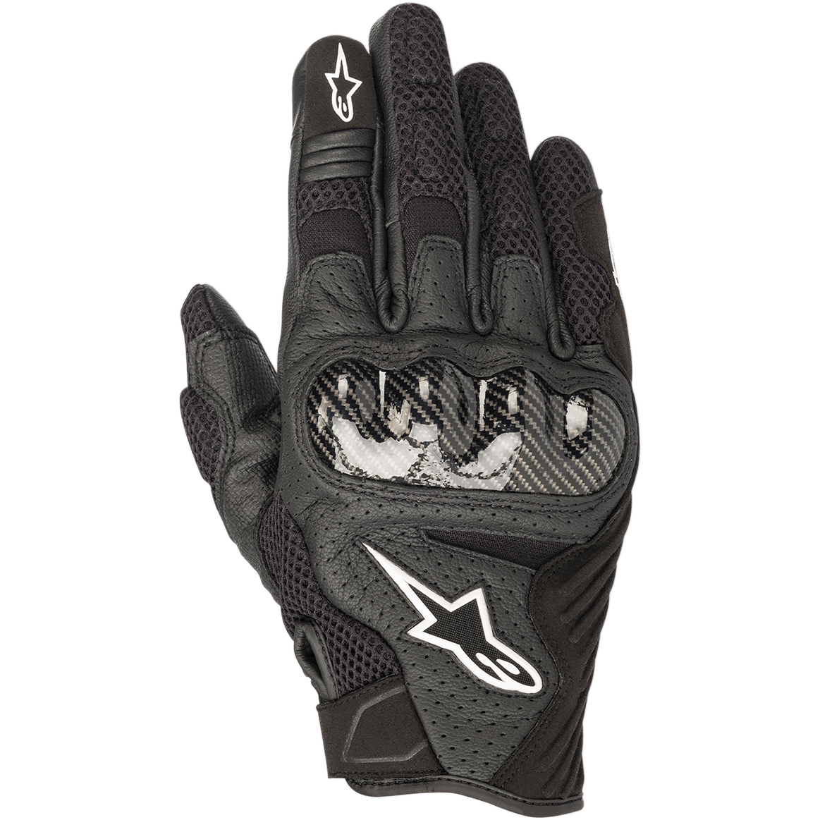 Gants Alpinestars SMX-1 Air V2, gants de moto noirs, protection des articulations style fibre de carbone, logo étoile blanc, panneaux en mesh et cuir perforé pour la circulation de l'air, manchette courte pour un usage urbain et routier