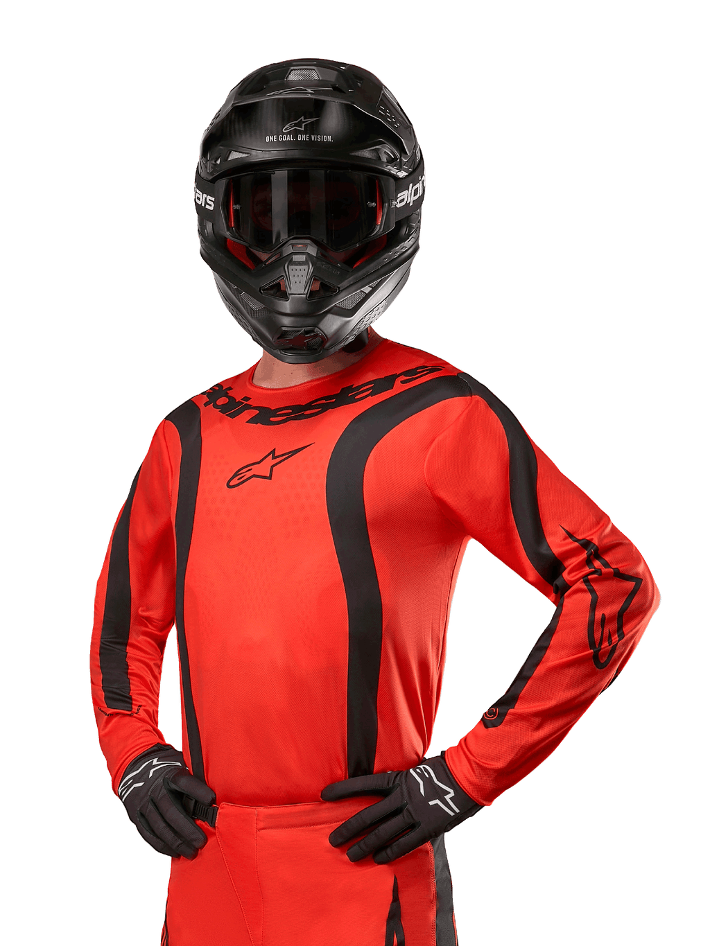 Alpinestars 2024 Fluid Lurv Jersey, motorcross shirt, feloranje en zwart, lange mouwen met gebogen zwarte strepen, Alpinestars-logo's op de borst en schouders, gedragen met zwarte helm en handschoenen, sportieve off-road uitrusting