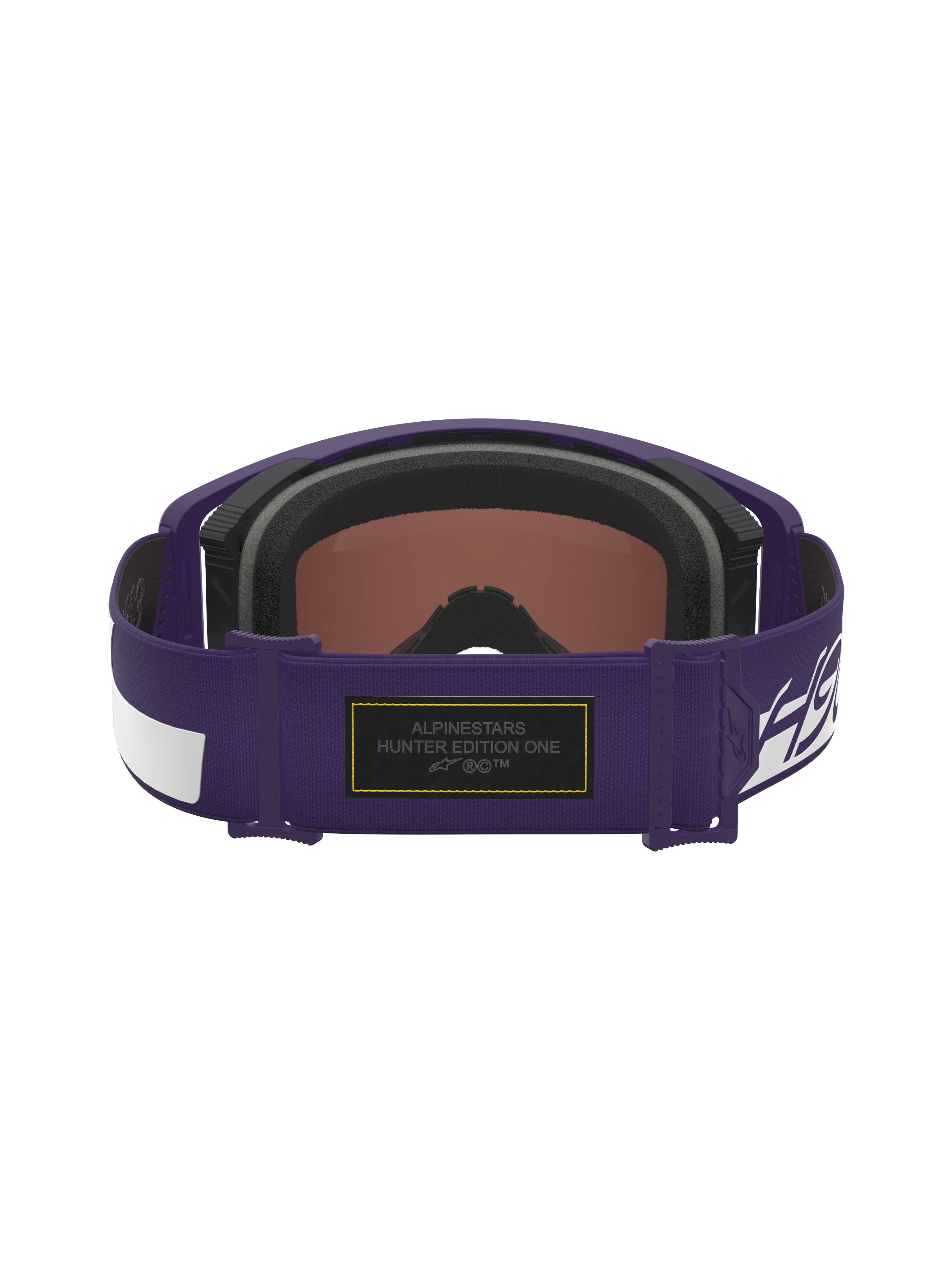 Alpinestars Limited Edition HUNTA96 XXV Supertech Vision Goggles, Lila und Weiß, Rückansicht des verstellbaren Brillenbands mit schwarzem Alcantara-Aufnäher, gelben Kontrastnähten und Hunter Edition One Branding, hochwertige Motocross-Brille inspiriert vom Porsche GT3RS
