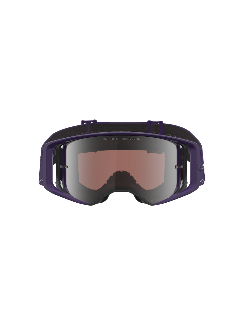 Alpinestars Limited Edition HUNTA96 XXV Supertech Vision Goggles, Motocross-Brille, Lila und Weiß mit silbernem Spiegelglas, Vorderansicht mit reflektierendem Glas und dem Schriftzug „ONE GOAL. ONE VISION.“, weites peripheres Rahmendesign für den Offroad-Rennsport