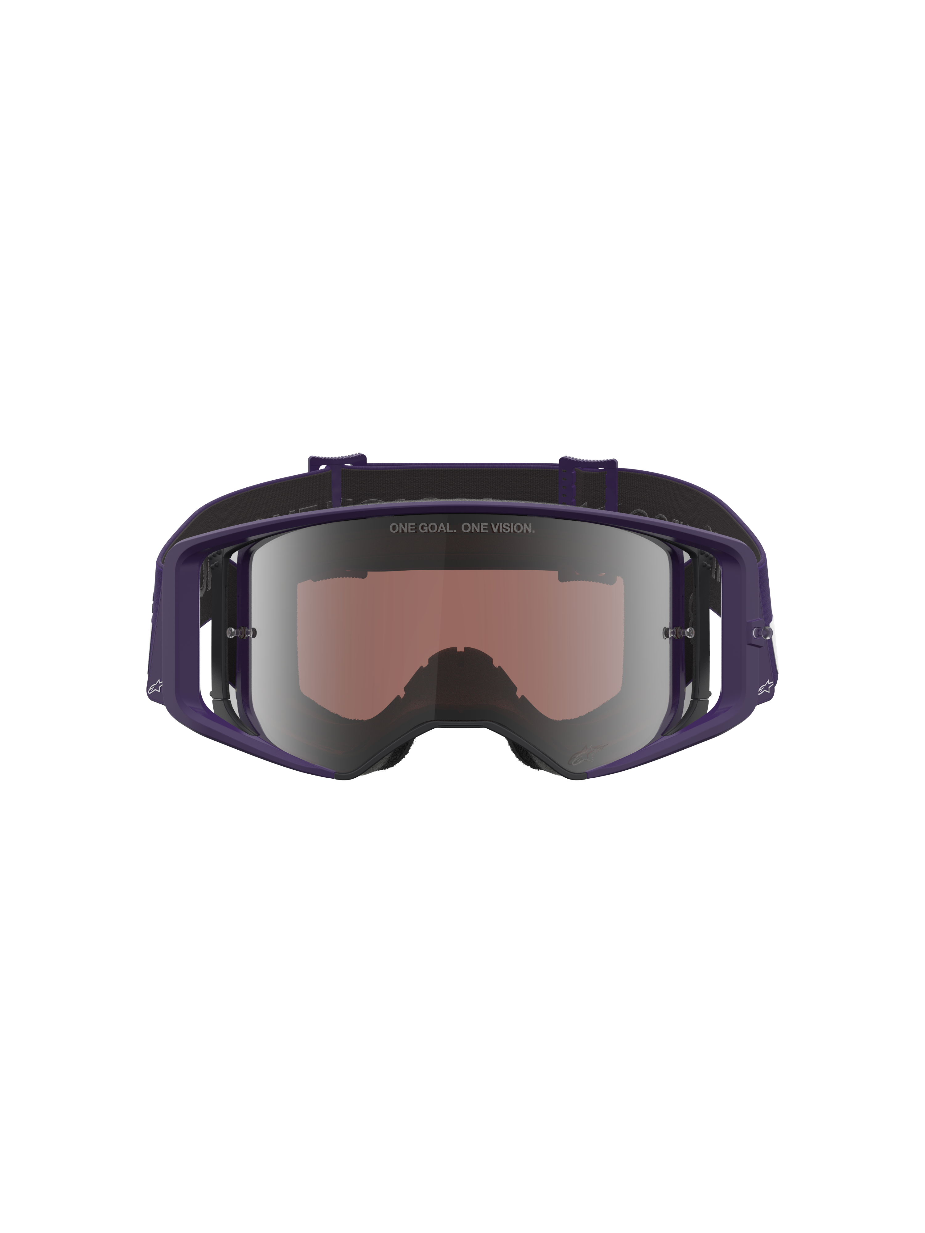 Alpinestars Limited Edition HUNTA96 XXV Supertech Vision Goggles, Motocross-Brille, Lila und Weiß mit silbernem Spiegelglas, Vorderansicht mit reflektierendem Glas und dem Schriftzug „ONE GOAL. ONE VISION.“, weites peripheres Rahmendesign für den Offroad-Rennsport