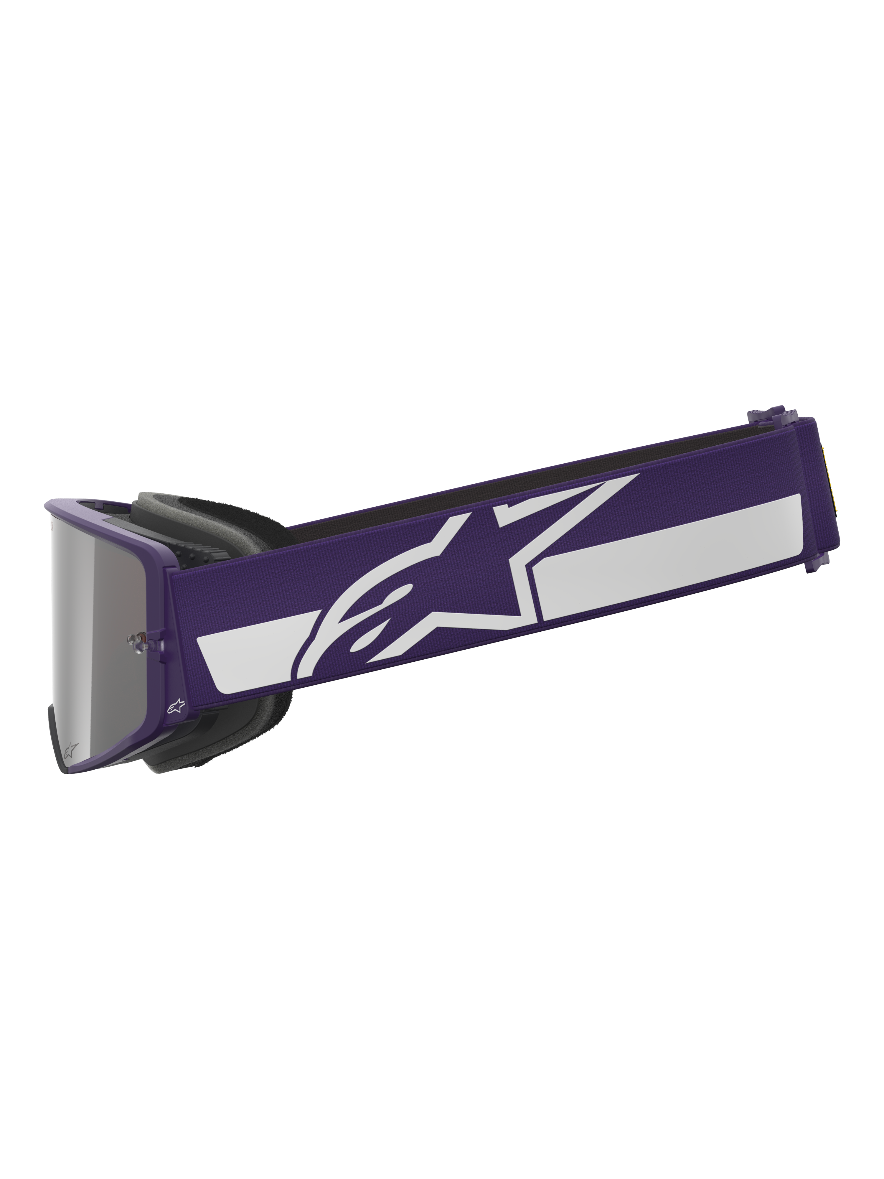 Alpinestars Limited Edition HUNTA96 XXV Supertech Vision Brille, Motocross-Brille, Lila und Weiß, Seitenprofil mit breitem lila Band, weißem Alpinestars Stern-Logo und Streifen, silber verspiegeltes Glas, Hochleistungs-Offroad-Brille