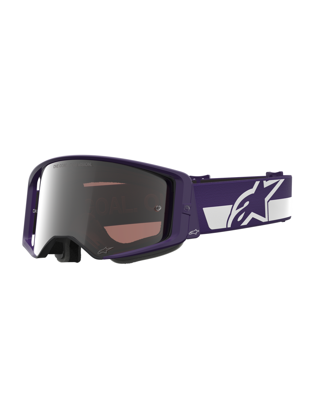 Alpinestars Limited Edition HUNTA96 XXV Supertech Vision Brille, Motocross-Brille, Lila und Weiß mit silbernen Spiegelgläsern, mit „ONE GOAL. ONE VISION.“ Schriftzug auf dem Glas, breites verstellbares Band mit markantem Alpinestars-Logo, hochleistungsfähige Schutzbrille für den Offroad-Rennsport