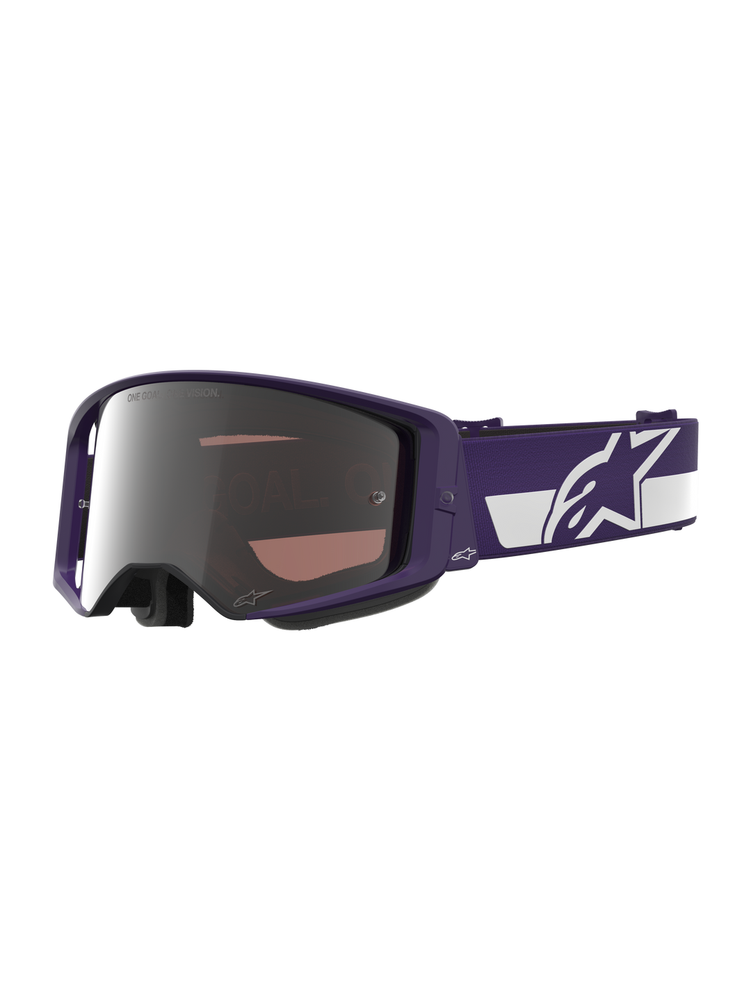 Masque Alpinestars Supertech Vision HUNTA96 XXV édition limitée, masque de motocross, violet et blanc avec écran miroir argenté, inscription « ONE GOAL. ONE VISION. » sur l'écran, large bandeau ajustable avec logo Alpinestars, protection haute performance pour le tout-terrain