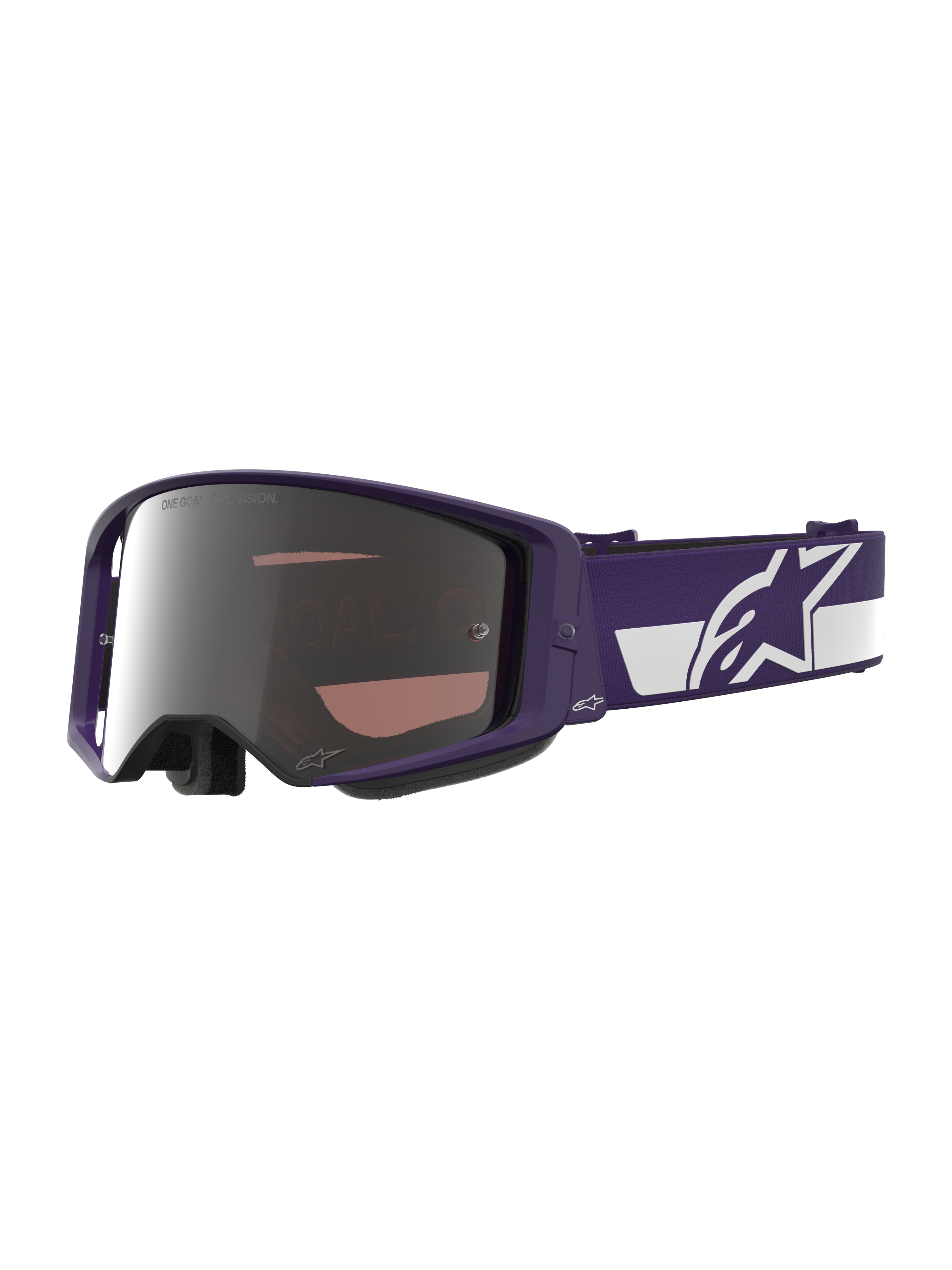 Alpinestars Limited Edition HUNTA96 XXV Supertech Vision Brille, Motocross-Brille, Lila und Weiß mit silbernen Spiegelgläsern, mit „ONE GOAL. ONE VISION.“ Schriftzug auf dem Glas, breites verstellbares Band mit markantem Alpinestars-Logo, hochleistungsfähige Schutzbrille für den Offroad-Rennsport