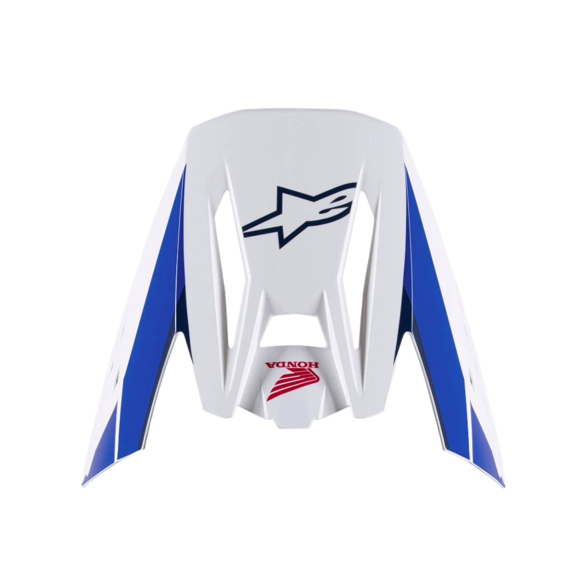 Alpinestars Honda S-M5 Visier, Helm-Ersatzvisier, glänzendes Finish in Weiß, Blau und Rot, mit blauen Seitenpaneelen sowie marineblauen Alpinestars- und roten Honda-Logos, Motocross-Helmzubehör
