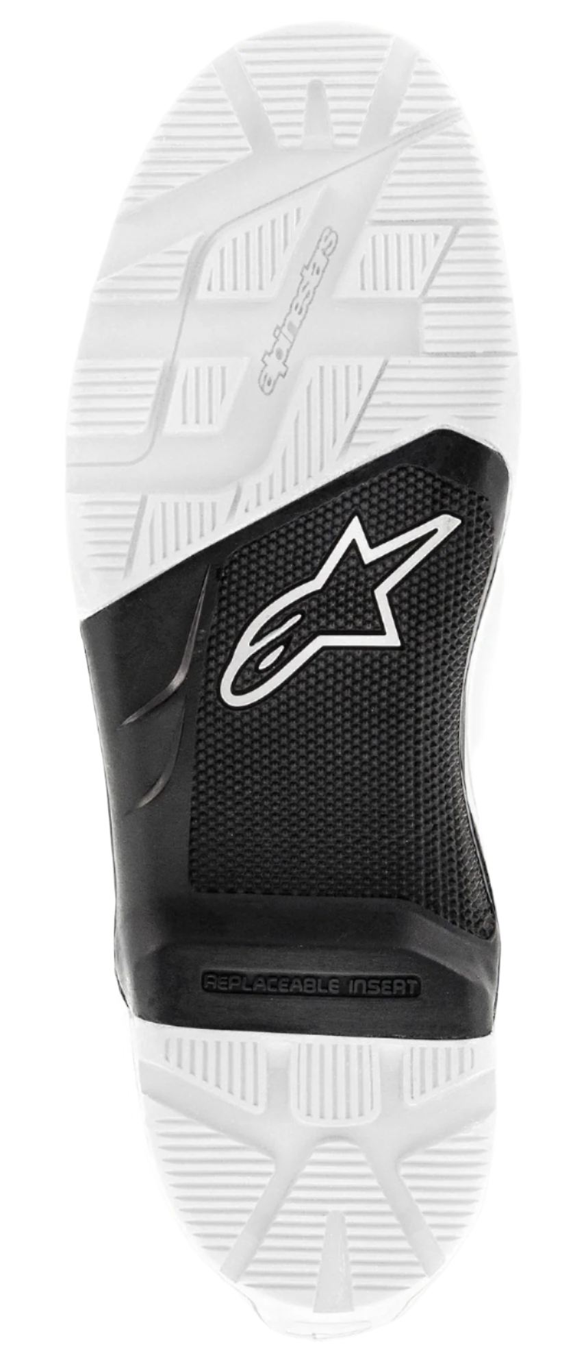 Alpinestars Tech 7 Enduro Sohle, Ersatz-Gummiaußensohle, Schwarz und Weiß, Unteransicht mit texturiertem Stollenprofil, weißes Astars-Logo auf schwarzem Mittelabschnitt und geprägtes Alpinestars-Branding, Ersatzteil für Offroad-Motorradstiefel