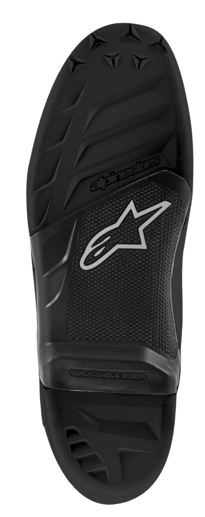 Alpinestars Tech 7 Sohle, Ersatz-Außensohle für Motocross-Stiefel, schwarze Gummikonstruktion, mit texturierten Profilmustern, Alpinestars-Logo und Stern-Emblem, Schriftzug „REPLACEABLE INSERT“ im Mittelbereich.