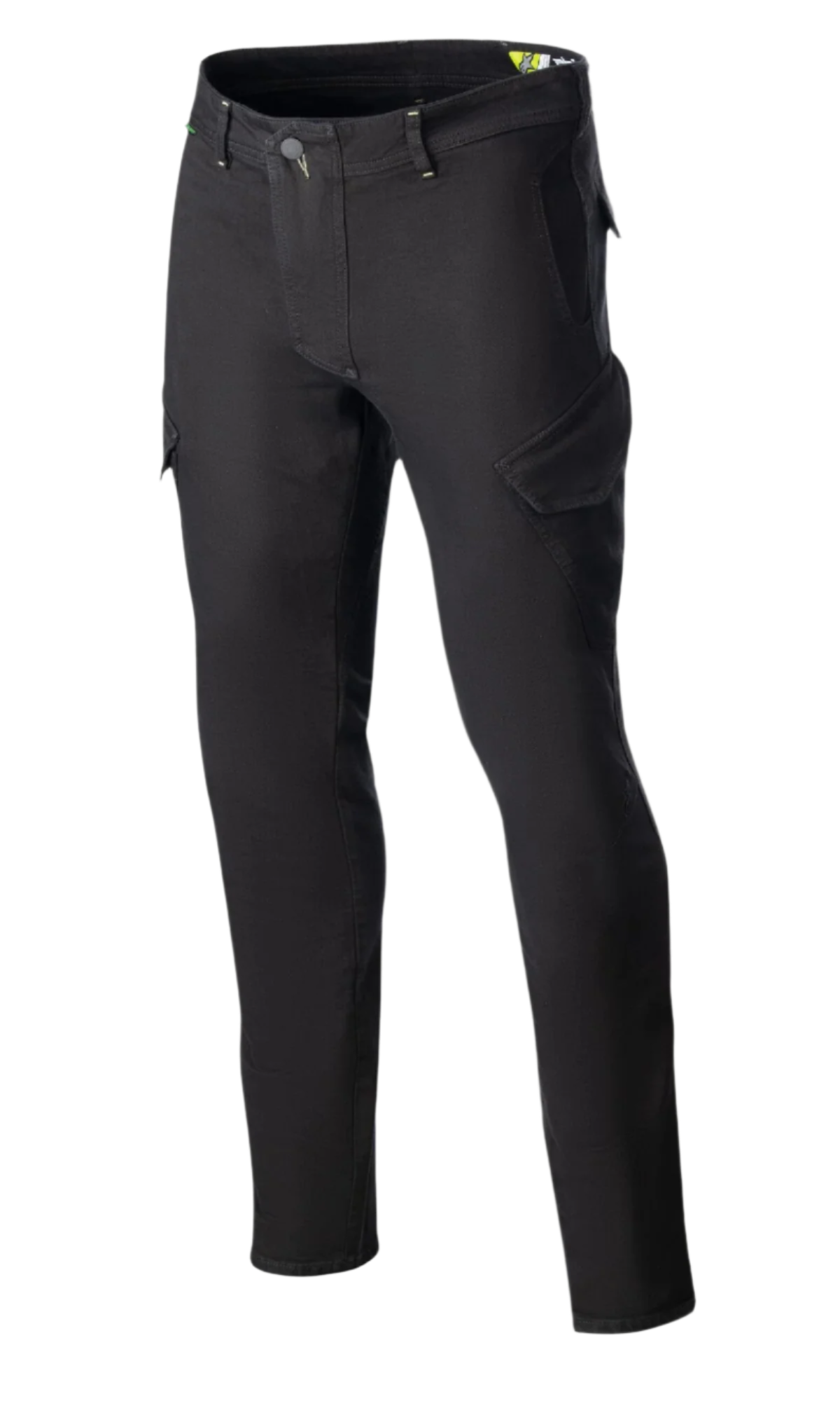 Alpinestars Caliber Slim Fit Tech Riding Pants, pantalon de moto noir, poches cargo inclinées style combat, coupe slim ajustée, passants de ceinture et fermeture à bouton, denim Cordura extensible pour un look technique urbain