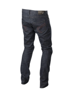 Alpinestars Copper Denim Broek, herenmotorjeans voor urban riding in donkerblauw met rood stiksel op de achterzakken en aramideversterking.