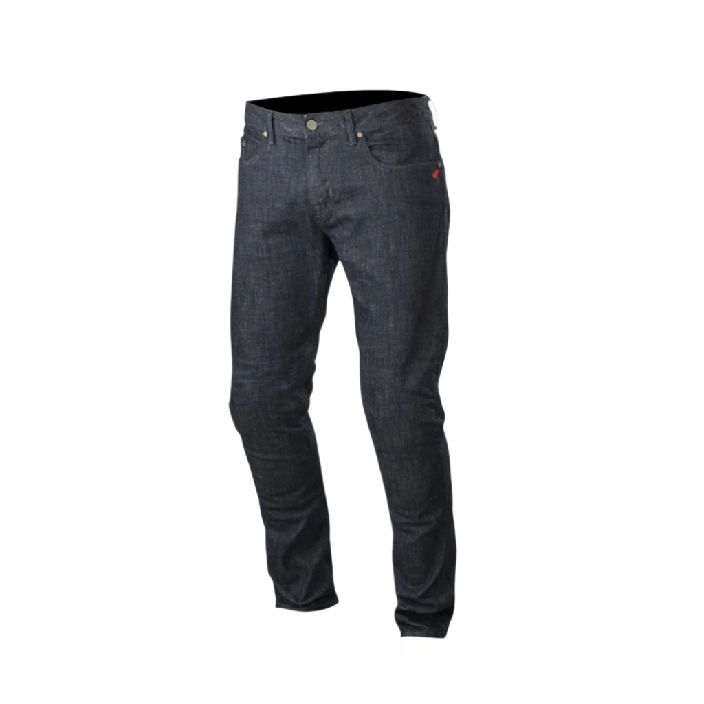 Alpinestars Copper Denim Hose, Motorradjeans, Dunkelblau, reguläre gerade Passform mit vorgeformter Beinkonstruktion, kleines rotes Logo auf der Münztasche, klassisches Five-Pocket-Design für urbanes Pendeln