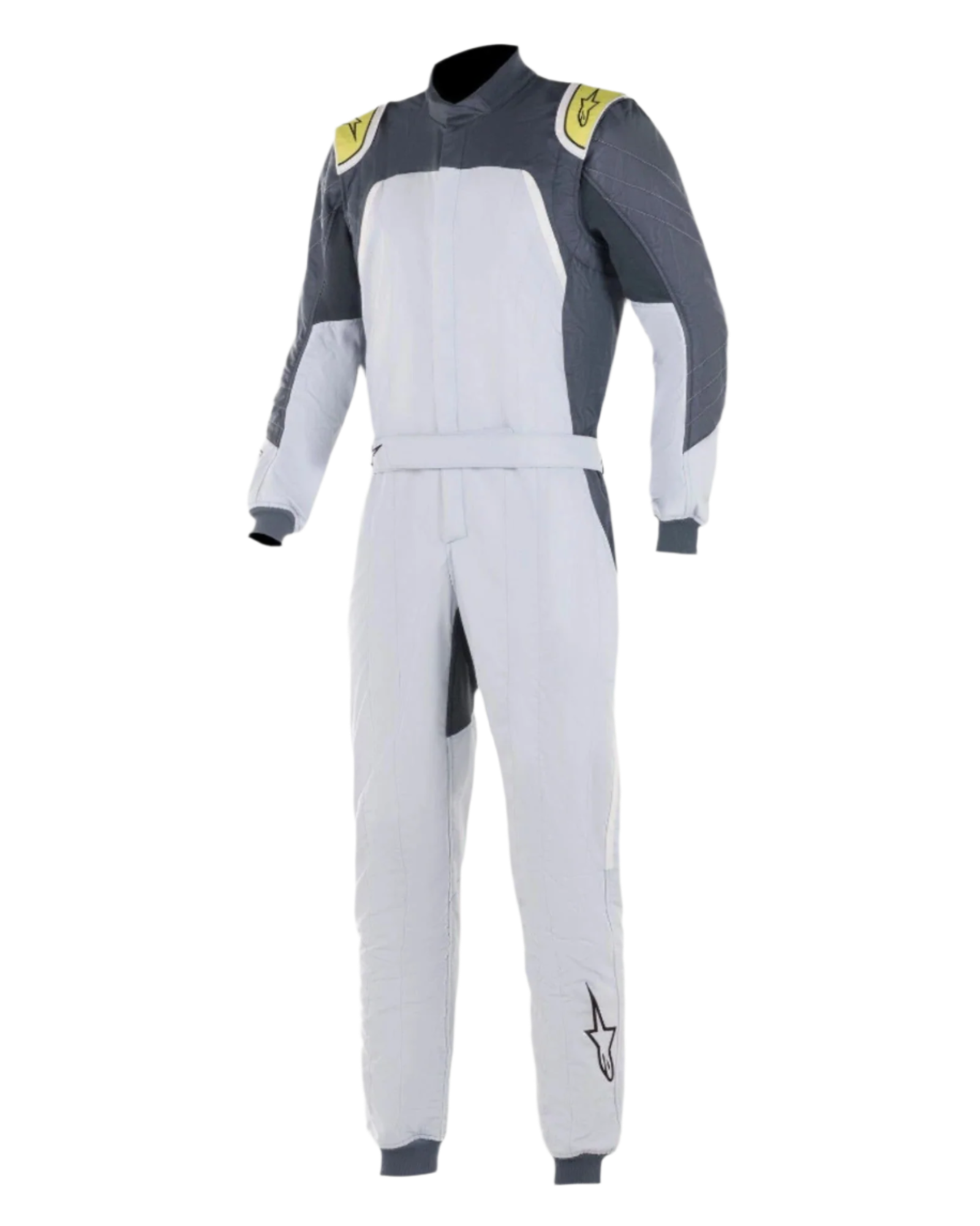 Alpinestars GP Pro Comp Suit, combinaison de course automobile professionnelle, gris argenté, bleu asphalte et vert citron, corps gris argenté clair avec panneaux gris foncé aux épaules et accents vert citron, taille ceinturée et poignets côtelés, construction à trois couches certifiée FIA pour la performance en sport automobile