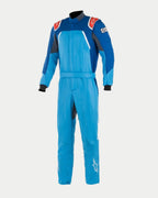 Alpinestars GP Pro Comp Bootcut Suit FIA, Professional Auto Racing Suit in Cobalt Blue, Royal Blue, and Red, featuring a three-layer aramidic construction, shoulder epaulettes, and a bootcut leg design with white star logos.