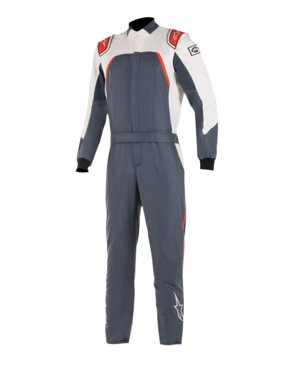 Alpinestars GP Pro Comp Bootcut Suit FIA, autoracepak, asfalt, wit en rood, eendelig motorsportpak met witte bovenborst en mouwen, rode schouderaccenten, donkergrijs asfalt lijf en bootcut-pijpen.