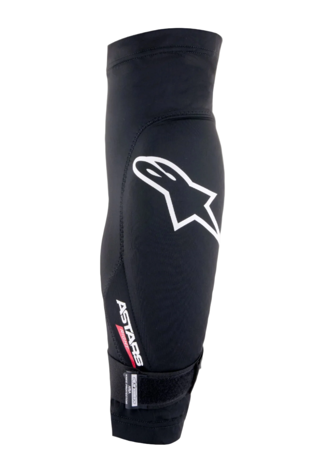 Genouillère Alpinestars Aria, noir et blanc, manchette en mesh respirant arborant un grand logo Astars blanc, le marquage 'ASTARS RIGHT' et une sangle réglable en bas, protection légère pour le VTT et le cyclisme