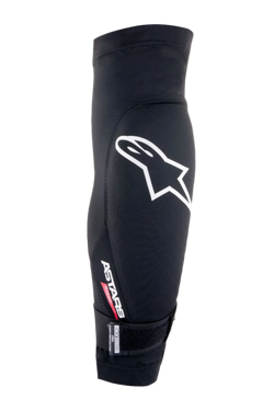 Alpinestars Aria Knee Protector, Black and White, breathable mesh sleeve featuring a large white Astars logo, 'ASTARS RIGHT' text, and an adjustable bottom strap, lightweight mountain bike and cycling protection
