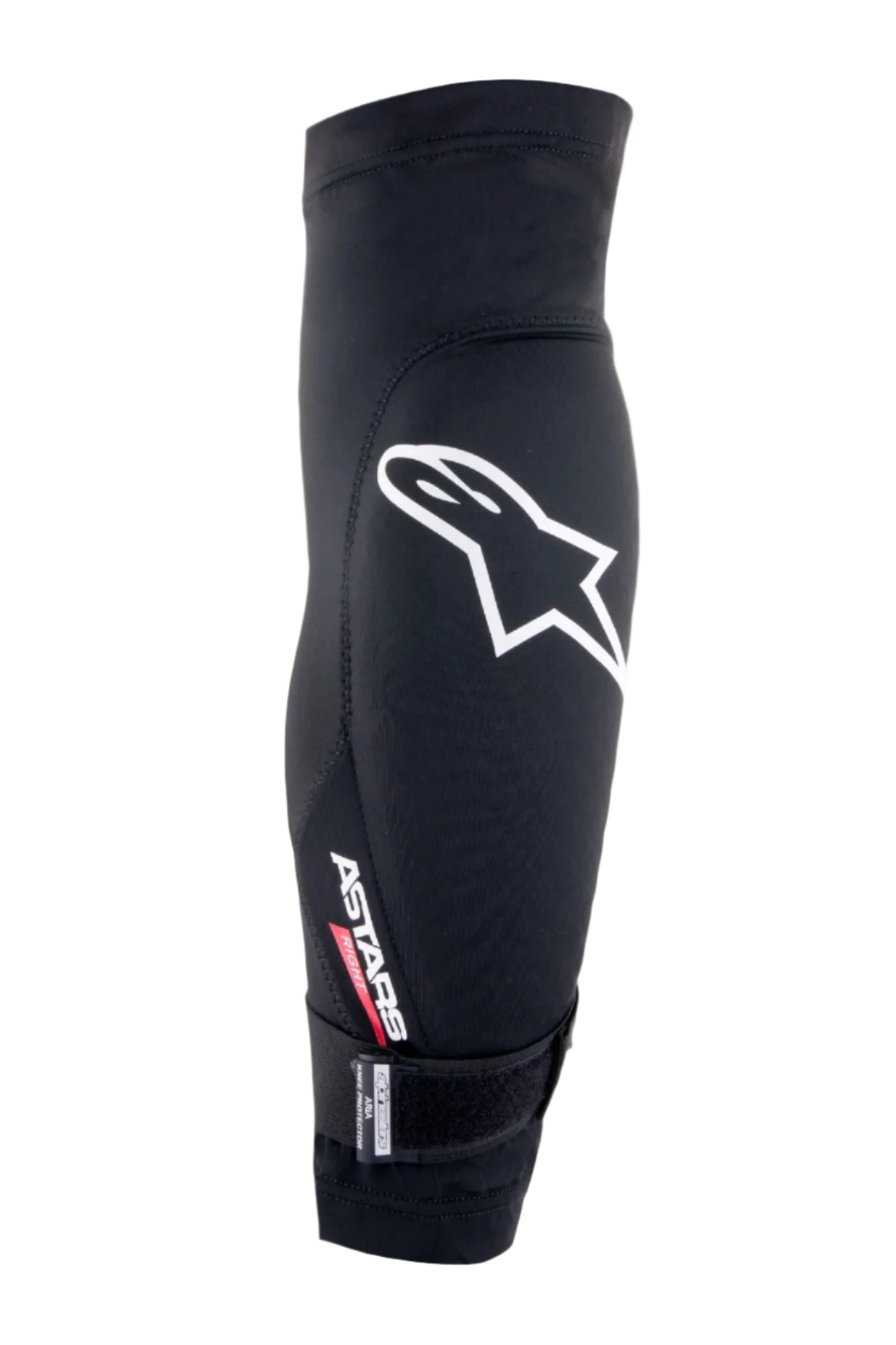 Genouillère Alpinestars Aria, noir et blanc, manchette en mesh respirant arborant un grand logo Astars blanc, le marquage 'ASTARS RIGHT' et une sangle réglable en bas, protection légère pour le VTT et le cyclisme
