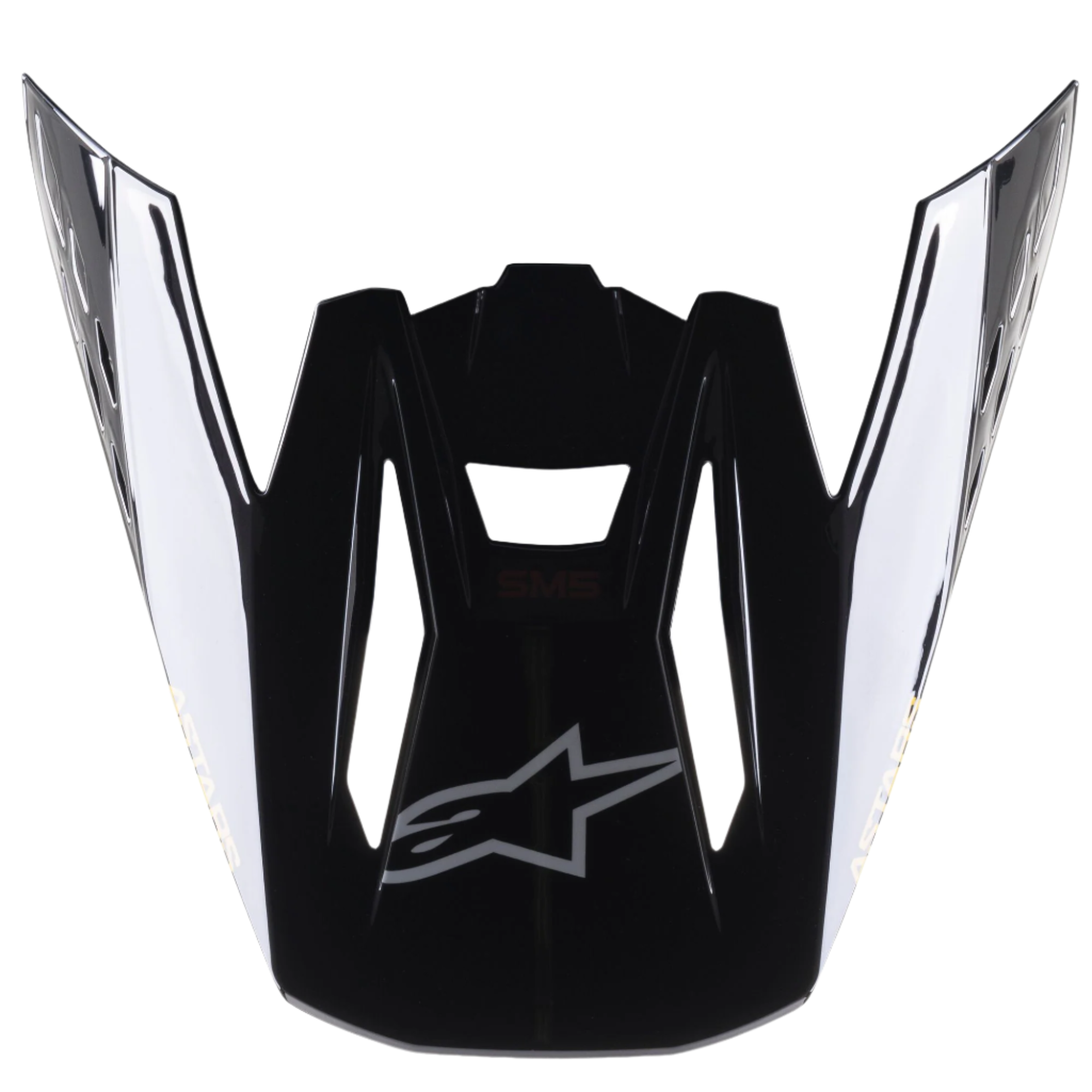 Alpinestars S-M5 Venture Helmvisier, Motocross-Helmzubehör, Schwarz glänzend, Ersatzvisier mit silbernem Alpinestars-Logo auf der Vorderseite und weißem Branding an den Seiten, strapazierfähiger Kunststoff mit glänzendem Finish für den Offroad-Rennsport
