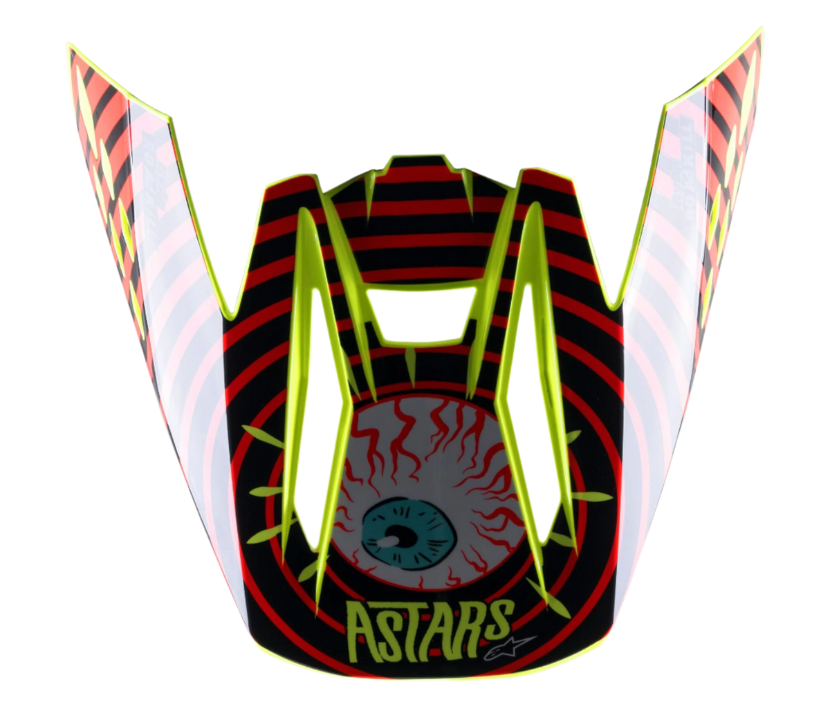 Alpinestars S-M5 Solar Flare Visier, Ersatz-Helmschild für Motocross-Helme, Schwarz, Rot und Fluo-Gelb, mit markanter blutunterlaufener Augapfel-Grafik, ASTARS-Logo und leuchtend neongelbem Rand.
