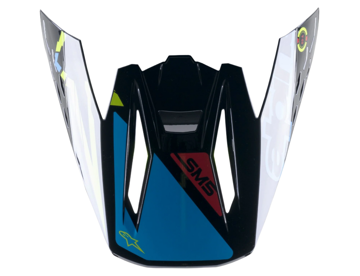 Alpinestars S-M5 Action Visier, Motocross-Helm-Ersatzteil, Schwarz, Cyan und Gelb Fluo Glänzend, mit SM5-Branding und Stern-Logo, Snap-on-Peak-Design für den Offroad-Einsatz