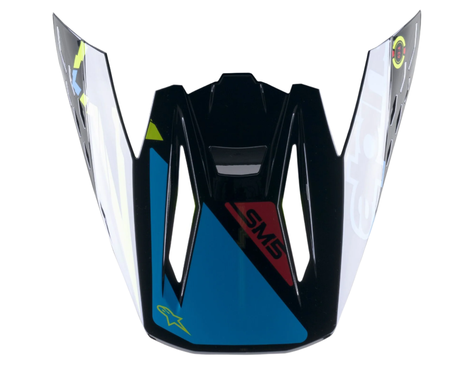Alpinestars S-M5 Action Visier, Motocross-Helm-Ersatzteil, Schwarz, Cyan und Gelb Fluo Glänzend, mit SM5-Branding und Stern-Logo, Snap-on-Peak-Design für den Offroad-Einsatz