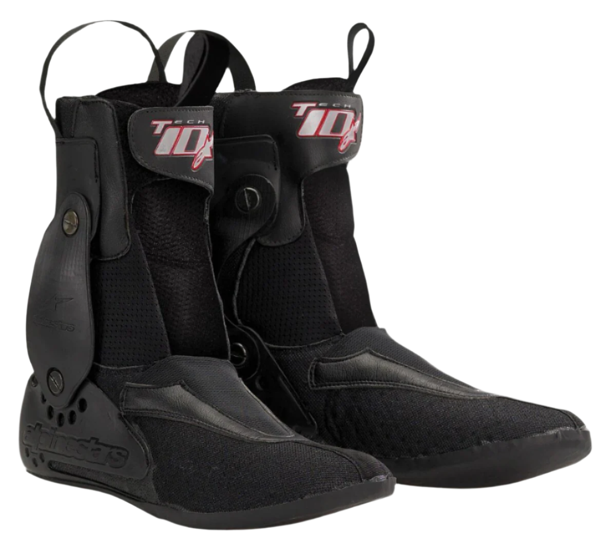 Alpinestars Tech-10 uitneembare binnenschoen, zwarte motorlaars binnenvoering, rood en wit Tech-10 logo, getextureerde stof met synthetische panelen, verstelbare riemen met metalen drukknopen, treklussen aan de voor- en achterkant