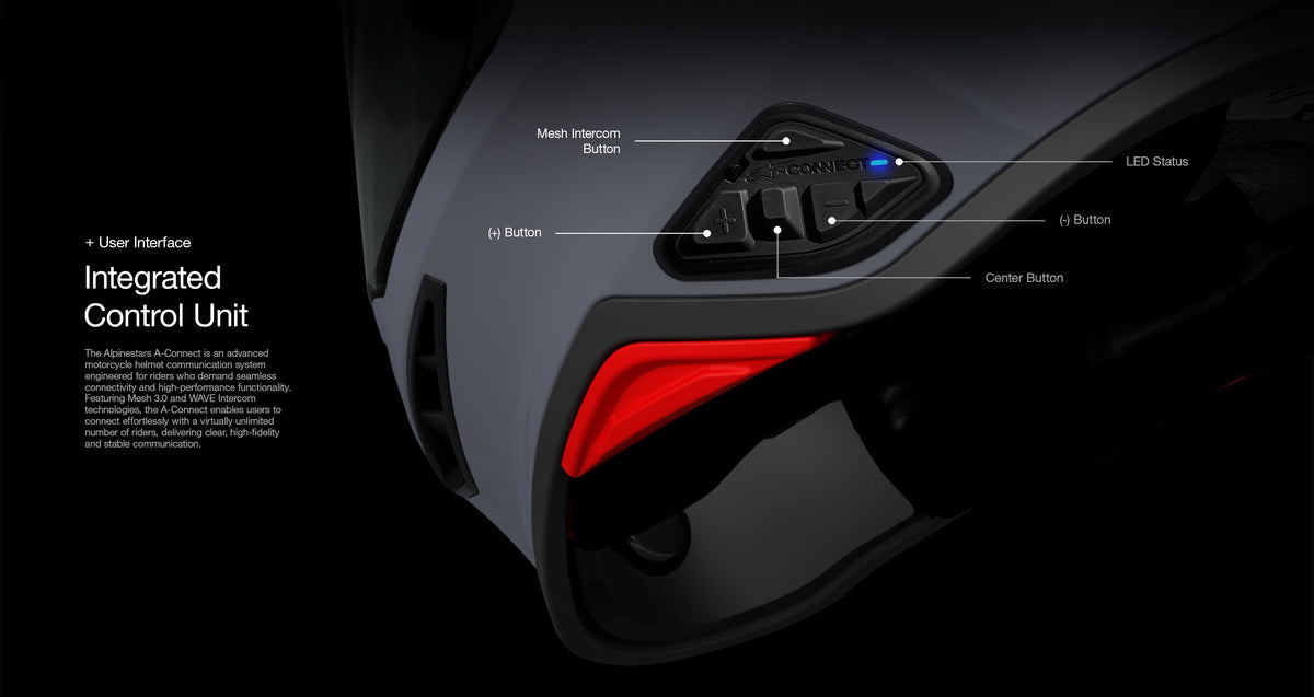 Alpinestars A-Connect Communication System, integrated control unit featuring Mesh Intercom button, volume buttons, and blue LED status, installed on an S-R7 motorcycle helmet, Black