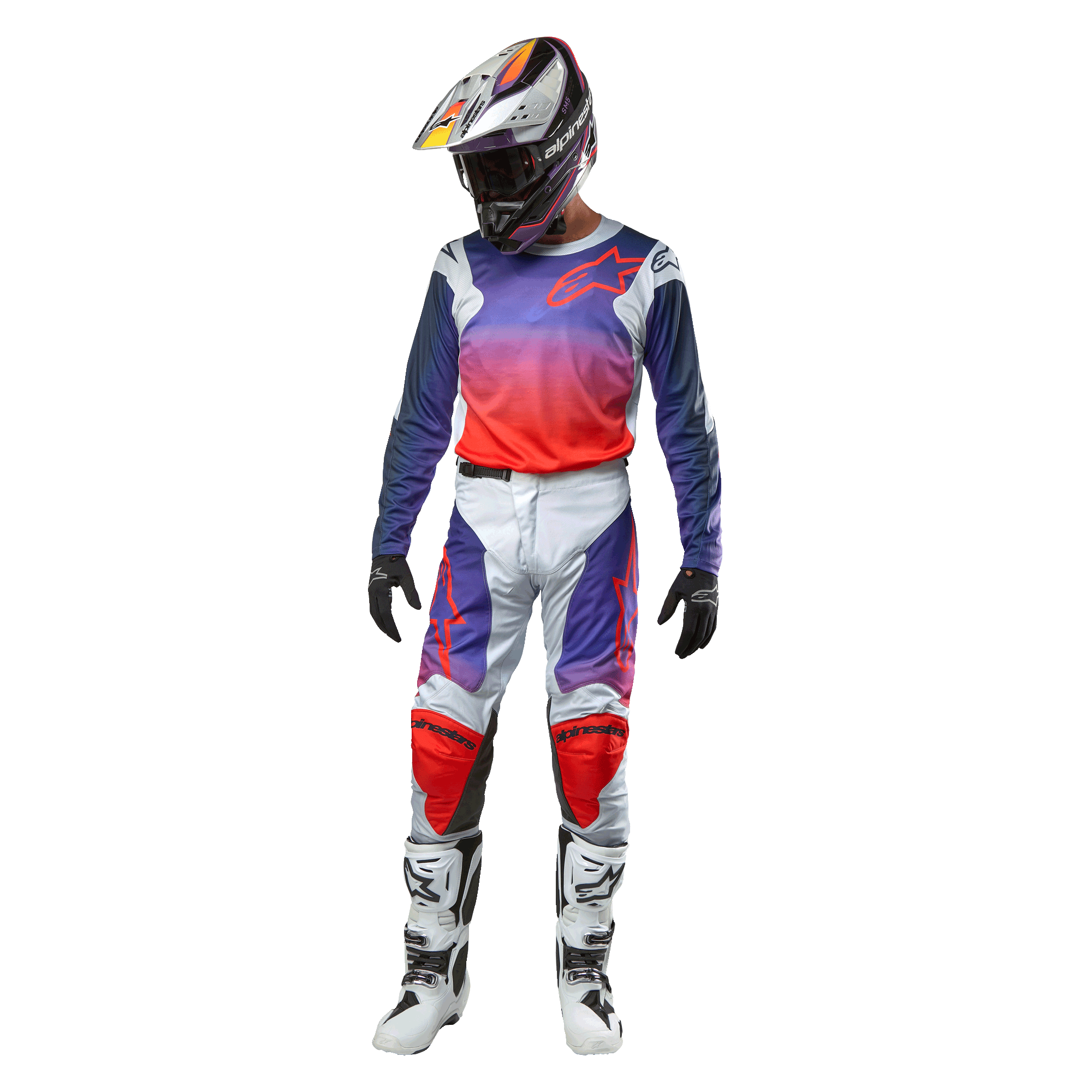 Alpinestars 2024 Racer Hoen Motocross-Ausrüstung, Komplettes Outfit bestehend aus Helm, Trikot, Hose, Handschuhen und Stiefeln, Hellgrau, Hot Orange und Violett, sportliches Design für den Offroad-Rennsport