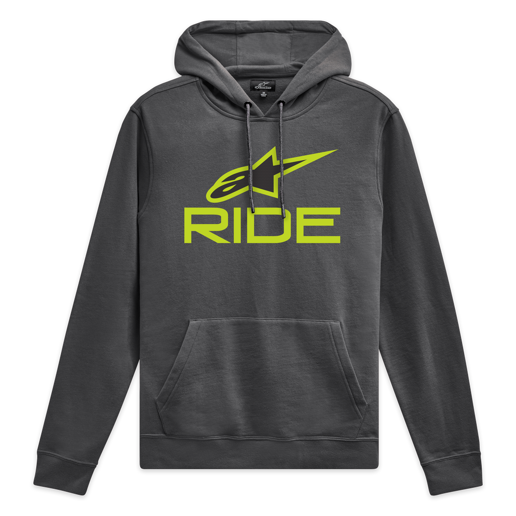 Alpinestars Sweat À Capuche Ride V 3, sweat à capuche polaire gris anthracite avec logo Ride vert citron sur la poitrine et cordon de serrage assorti, style sportswear