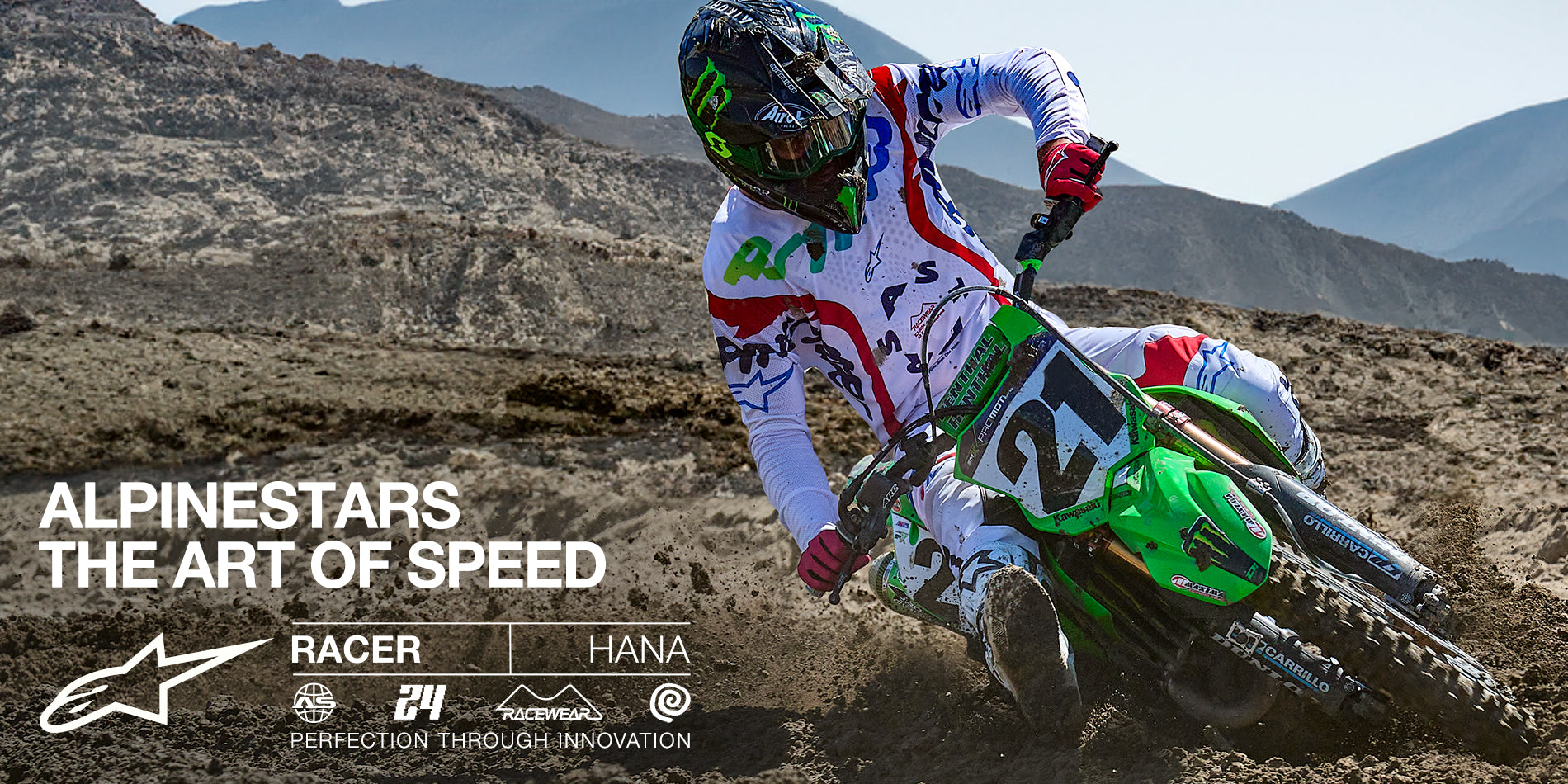 Alpinestars 2024 Racer Hana Jersey, white and red motocross gear worn by professional rider number 21 on a dirt track.