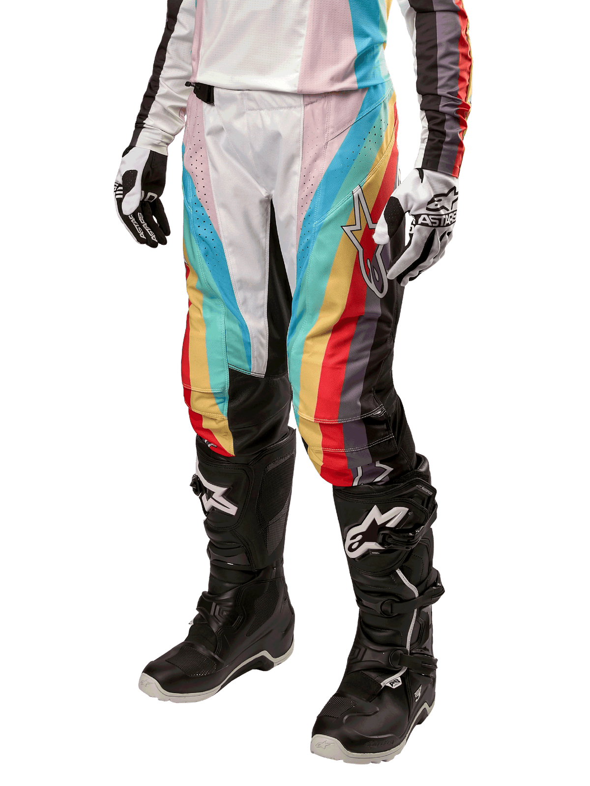 Alpinestars Women Stella 2024 Techstar Pants, Motocross Pants, Black Multicolor with diagonal red, yellow, and blue stripes, worn with black riding boots and white gloves, featuring protective black knee panels and bold branding for off-road racing.