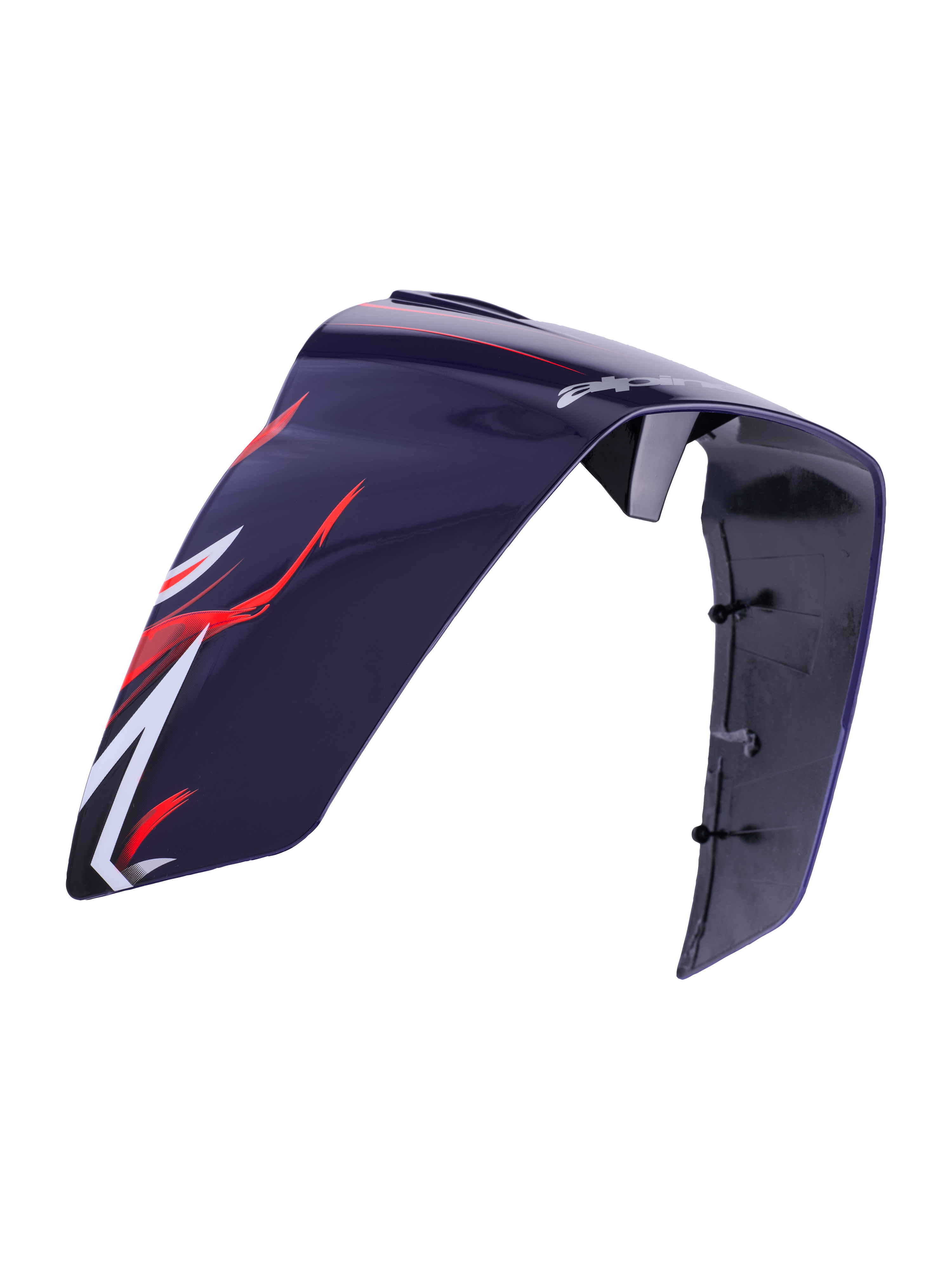 Alpinestars Supertech R10 Flyte Race Spoiler, helmaccessoire, glanzend paars rood, voorzien van rode en witte aerodynamische graphics en Alpinestars-branding, strakke glanzende kunststof constructie met zichtbare montagepunten aan de binnenzijde, vervangingsonderdeel voor racehelmen.